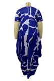 Blue Casual Print Patchwork O Neck Irregular Dress Plus Size Dresses