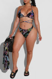 Black Fashion Sexy Print Backless Strap Design Swimwears Driedelige set