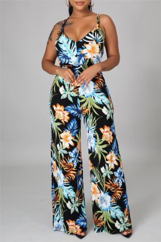 Colour Fashion Print Backless Spaghetti Strap Regular Jumpsuits