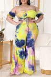 Gult mode sexigt tryck Tie Dye Backless Off the Shoulder Plus Size Two Pieces