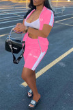 Розово-красная повседневная спортивная одежда с вышивкой букв и лоскутным воротником на молнии с короткими рукавами из двух частей
