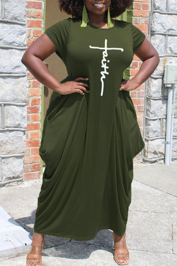 Армейский зеленый повседневный принт в стиле пэчворк Асимметричное платье с круглым вырезом и коротким рукавом Платья больших размеров