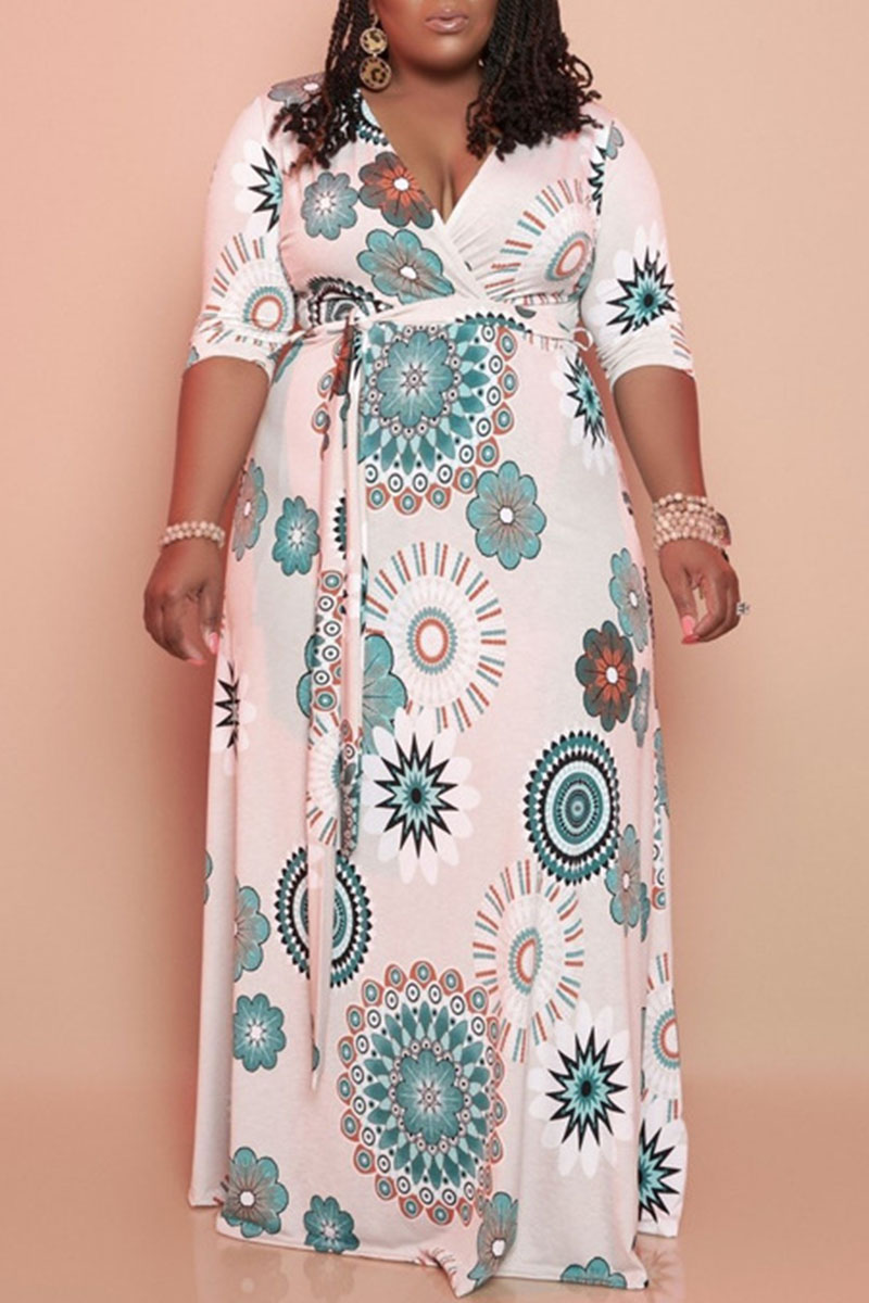 

White Elegant Print Bandage Split Joint V Neck Straight Plus Size Dresses