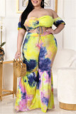 Gele Mode Sexy Print Tie Dye Backless Off the Shoulder Plus Size Two Pieces
