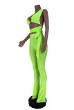 Verde fluorescente Sexy Sólido Sin espalda Diseño de correa Cuello en V Sin mangas Dos piezas