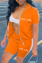 Arancione Abbigliamento sportivo casual Lettera ricamata patchwork Colletto con cerniera Manica corta Due pezzi