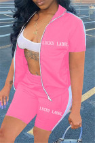Rosa lässige Sportbekleidung, mit Buchstaben bestickt, Patchwork, Reißverschluss, Kragen, kurze Ärmel, zweiteilig