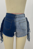Blue Casual Color Block Tassel Mid Waist Skinny Denim Shorts