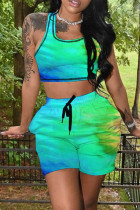 Green Casual Sportswear Tie Dye Print Vests U Neck Sleeveless Two Pieces Tank Crop Tops And Shorts Set