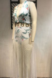 Белое сексуальное бандажное платье с принтом в стиле пэчворк, металлические аксессуары, украшение, сетчатое платье с лямкой на шее, платья больших размеров