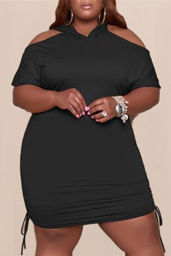Schwarzes, modisches, lässiges Kleid in Übergröße mit festem, ausgehöhltem V-Ausschnitt und kurzen Ärmeln