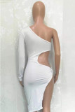 Witte mode sexy effen rugloze schuine kraag onregelmatige jurk