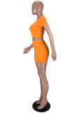 オレンジ ファッション カジュアル 無地 ベーシック 半袖 ツーピース