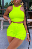 Pink Casual Sportswear Solid Vests O Neck Sleeveless Two Pieces Tank Crop Tops And Shorts Set