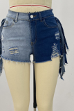 Pantalones cortos de mezclilla flacos de cintura media con borla de bloque de color casual azul