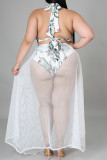 White Sexy Print Bandage Patchwork Metal Accessories Decoration Halter Mesh Dress Plus Size Dresses