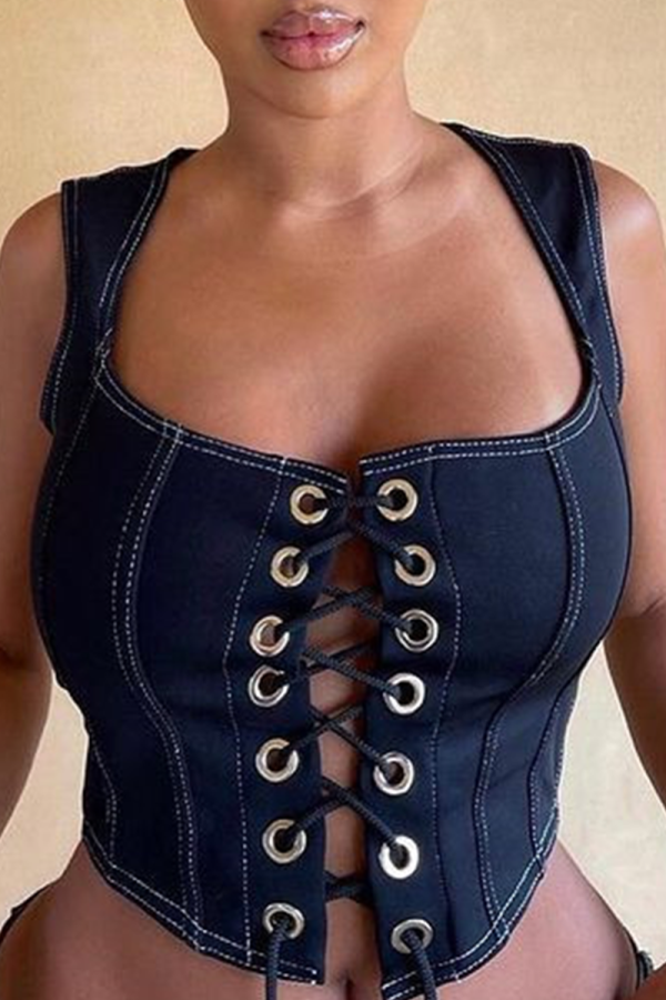 Deep Blue Sexy Solid Buckle Square Collar Tops