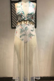 ホワイトセクシーなプリント包帯パッチワークメタルアクセサリー装飾ホルターメッシュドレスプラスサイズのドレス