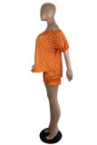 Stampa casual alla moda arancione senza cintura, cinturino per spaghetti, manica corta, due pezzi