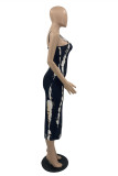 Black Fashion Sexy Print Backless Spaghetti Strap Sleeveless Dress