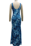 Синее сексуальное платье с принтом и высоким вырезом на тонких бретелях Нерегулярные платья Платья