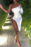 ホワイト ファッション セクシー ソリッド バックレス オブリーク カラー イレギュラー ドレス