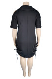 ブラックファッションカジュアルプラスサイズソリッドくり抜かれたVネック半袖ドレス