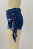 Blue Casual Color Block Tassel Mid Waist Skinny Denim Shorts