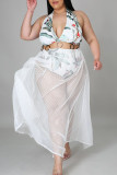 Белое сексуальное бандажное платье с принтом в стиле пэчворк, металлические аксессуары, украшение, сетчатое платье с лямкой на шее, платья больших размеров