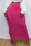 Розово-красная модная повседневная однотонная юбка с кисточками и высокой талией