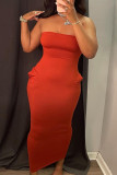 Rode sexy casual effen rugloze strapless mouwloze jurk