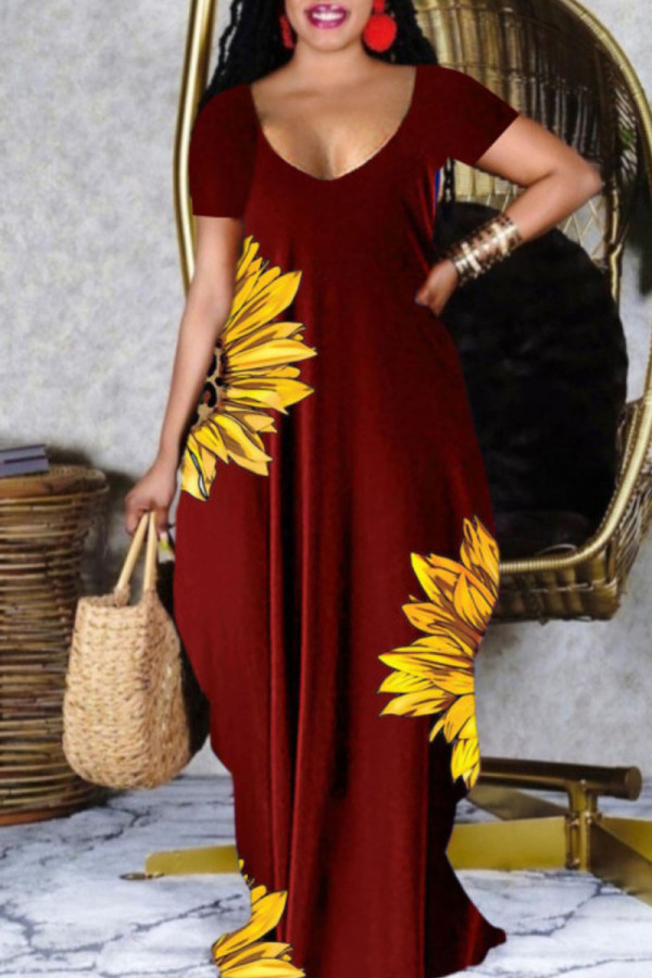 Röd Casual Print Patchwork V-ringad kortärmad klänning