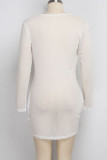 Vestidos de minifalda de lápiz de manga larga con cuello en O transparentes sólidos sexy de moda blanca