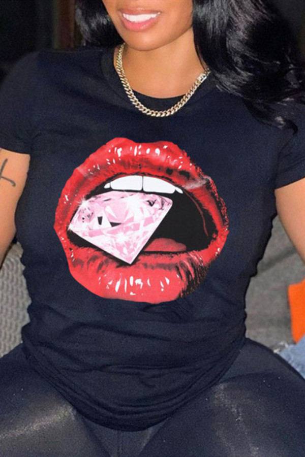 T-shirt basic o collo stampate con labbra casual alla moda nera