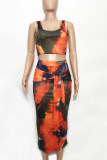 Tangerine Red Sexy Print Bandage Patchwork U Neck Sleeveless Two Pieces