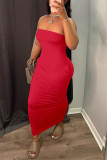 Rode sexy casual effen rugloze strapless mouwloze jurk