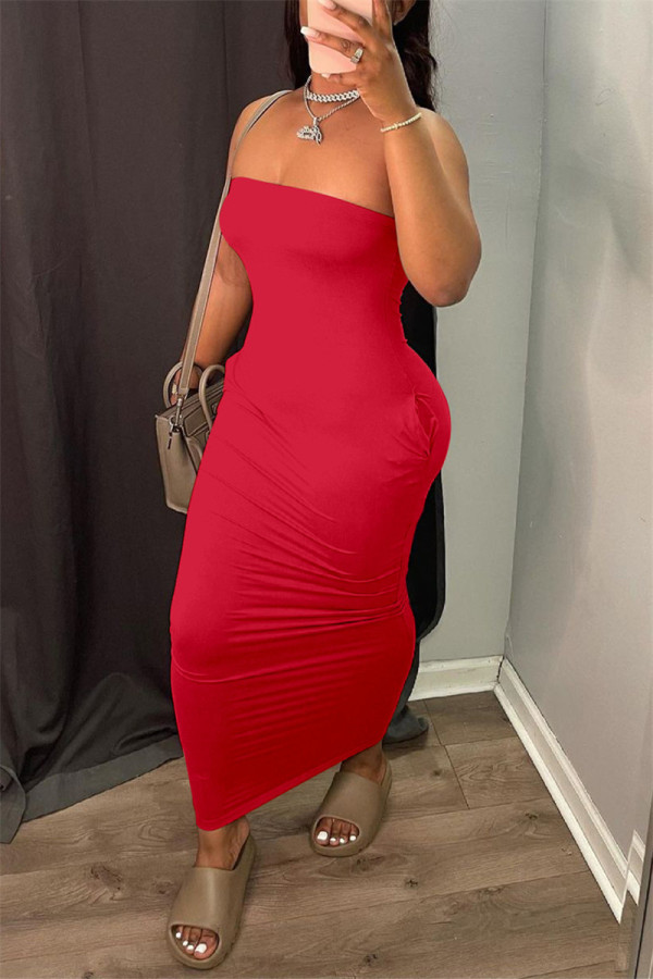Красное сексуальное повседневное однотонное платье с открытой спиной и без бретелек без рукавов
