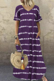 Dark Purple Casual Print Patchwork V Neck Short Sleeve Dress Plus Size Dresses