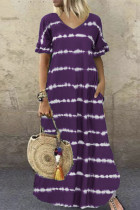 Dark Purple Casual Print Patchwork V Neck Short Sleeve Dress Plus Size Dresses