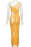Yellow Sexy Solid Mesh Spaghetti Strap Pencil Skirt Dresses