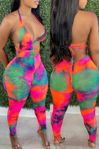 Rose Red Fashion Sexy Print Tie Dye Backless Strap Design Halter Sleeveless Two Pieces