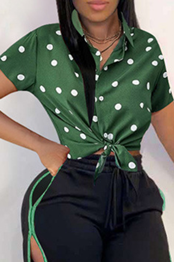 Green Casual Dot Patchwork Turndown Collar Tops