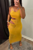 Желтые сексуальные однотонные сетчатые платья-юбка-карандаш на бретельках