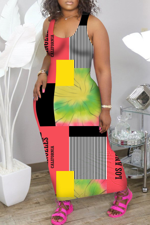 レッドファッションカジュアルプラスサイズプリントベーシックUネックベストドレス