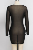 Black Fashion Sexy Solid See-through O Neck Long Sleeve Mini Pencil Skirt Dresses