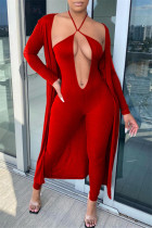 Red Fashion Sexy Solid Cardigan V-Ausschnitt Langarm Zweiteiler