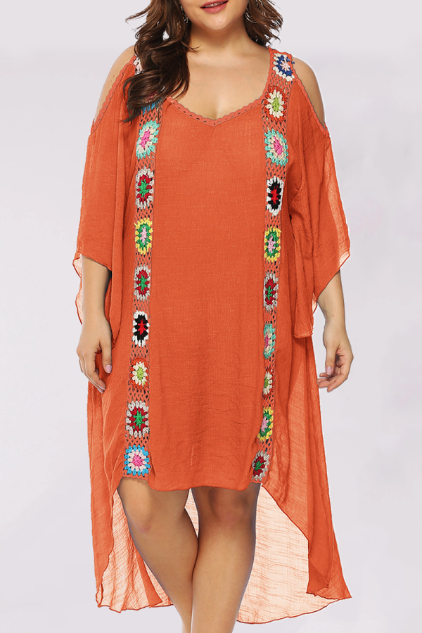 Tangerine Red Casual Print Mesh O-образным вырезом Прямые платья больших размеров