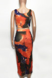 Tangerine Red Sexy Print Bandage Patchwork U Neck Sleeveless Two Pieces