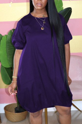 Purple Casual Solid Patchwork O Neck Lantern Dress Plus Size Dresses