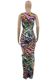 Multicolor Fashion Sexy Print ausgehöhltes ärmelloses Kleid mit O-Ausschnitt